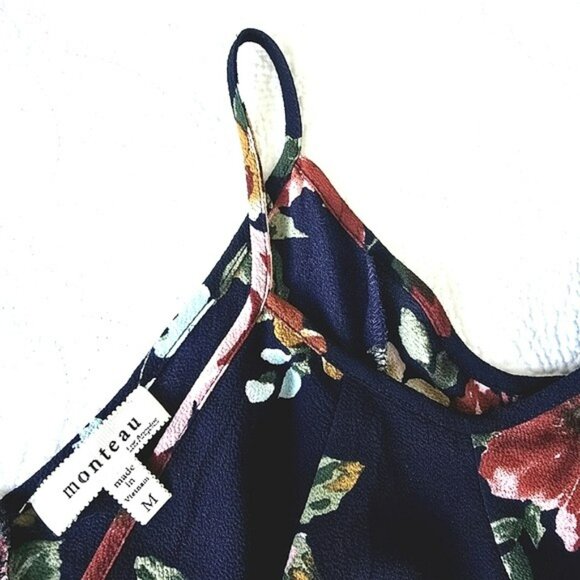 Women’s Navy Blue Floral Cold Shoulder Wrap Mini Dress Tie Waist Size Medium - Picture 12 of 16